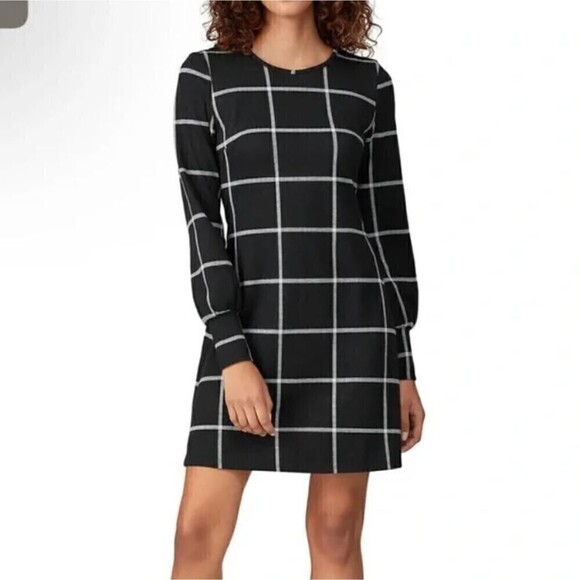 Slate & Willow Dresses & Skirts - Slate & Willow Black Gray Plaid Stripe Long Sleeve Knit Mini Shift Dress Size XS